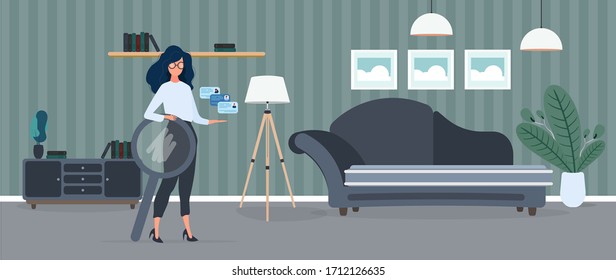 Girl in glasses. Recruitment Specialist. The concept of finding people to work, view vacancies and resumes. Girl, magnifier, cabinet, cabinet with documents, floor lamp with wooden legs. Vector