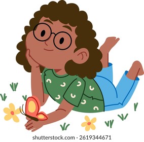A girl with glasses rests on the ground, observing a butterfly near flowers.  A young person enjoys nature's beauty beside blossoms and a colorful insect. Cartoon vector illustration