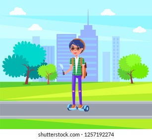 Girl in glasses riding on personal transporter in green city park with trees and houses. Autonomous scooter two-wheeled self-balancing transport