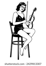 Chica en gafas y vestido corto con violín sentado en una silla. Vector de clip de estilo pin up en blanco y negro.