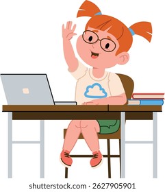 A girl with glasses sits at a desk with a laptop and books, raising her hand.  A young pupil studies using technology and literature at her workstation. Cartoon vector illustration