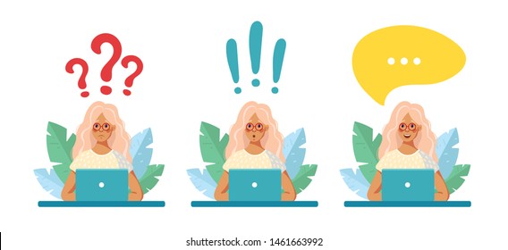The girl in glasses sits at a laptop on the background of leaves. Speech bubble, question mark, exclamation mark above it. The girl found the answer, the solution, wonders, communicates. Vector