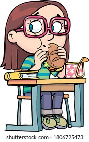 girl with glasses sits on a school desk and eats a sandwich during a break
