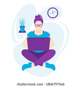 A girl with glasses is sitting cross-legged on the floor at home, working on a laptop. On the shelf is a home plant. There's a clock on the wall. Flat style. Purple and blue colors.