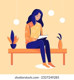 A girl with glasses is sitting on a bench and using a laptop. Study, work, lifestyle. Vector illustration in a flat style.