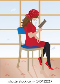 Girl with glasses sitting on a chair and reading the book