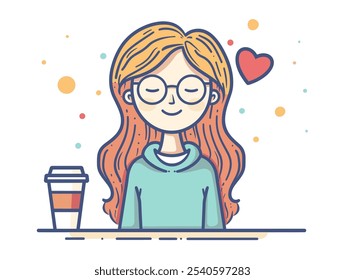 Girl with glasses is sitting at a table with a cup of coffee. She is smiling and she is enjoying her coffee