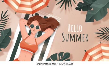 Girl with glasses sunbathes on a beach cover. Summer banner. Hello summer. Illustration on the theme of summer holidays. 