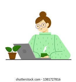 Girl with glasses and sweater working at the computer and drinking tea, coffee.  A freelancer working at home. Vector illustration