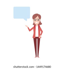 girl in glasses with talking cloud, flat character, vector illustration isolated on white background, eps 10