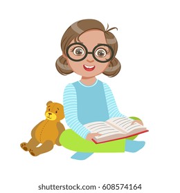 Girl In Glasses With Teddy Bear Reading A Book, Part Of Kids Loving To Read Vector Illustrations Series