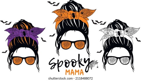 girl in glasses with tied hair for halloween svg vector Illustration isolated on white background. halloween bat, spooky mama, 
autumn,holiday for children and adults,spider,web, mother's head scarf