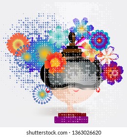 girl with glasses of virtual reality. magic flowers