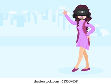 The girl in glasses of a virtual reality on a background of a city. The computer world before eyes. Achievements of technical progress. Flat drawing. Stylized houses. Vector illustration.