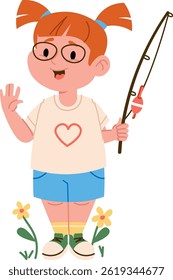 A girl with glasses waves, holding a fishing rod near flowers.  A young child enjoys a sunny day outside with her angling equipment. Cartoon vector illustration