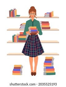 A girl with glasses, wearing plaid skirt and green shirt, holds books in her hands. A young woman lays out books on the shelves. Librarian. Cartoon vector illustration in flat style.