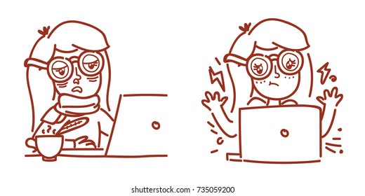 Girl with glasses working on laptop computer. Feeling sick, ill, cold, feeling bad and confused, messed up emotions. Set of hand drawn outline style illustration for web, stickers, emoji, emoticon