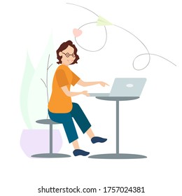 Girl in glasses works at a laptop. Vector illustration.