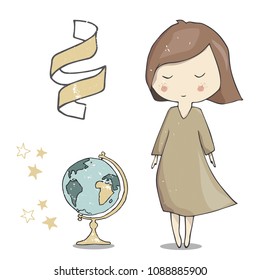 Girl and globe illustration art vector ribbon day teachers school greeting pupil student navigator color text geometric element friend woman dress full geography card celebration white background