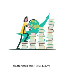 Girl with a globe is self-educating. Online education, knowledge, remote lesson concept. Isolated on white background.