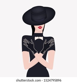 Girl in gloves and hat with brim- isolated on a light background - vector. Salon of elegant clothes. Women's fashion.