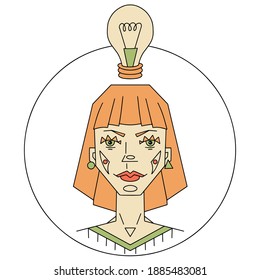 Chica con una bombilla brillante. Ilustración con estilo geométrico vectorial con concepto de idea de negocio y solución creativa.