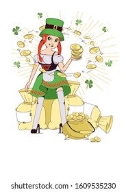 Girl in a gnome costume with coins and money for the festival St. Patrick's Day. Design for creating poster, postcard, invitation, tag, flyer, banner. Vector illustration in a flat style.