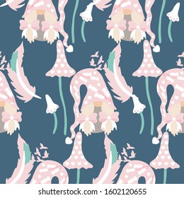 girl gnome and mushrooms in a valentines day seamless pattern, perfect to use on the web or in print