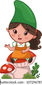 A girl gnome sitting on a mushroom and talking. (Vector illustration)