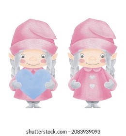 Girl Gnomes with heart clipart. Valentine Gnome watercolor illustration. Valentine's Day Card.
