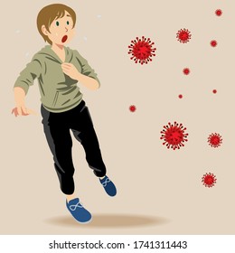 Girl go outsde for exercise. Scared panicking man afraid of coronavirus infection, respiratory illnesses such as flu, 2019-nCoV, Covid-19, ebola. Flat style vector illustration.