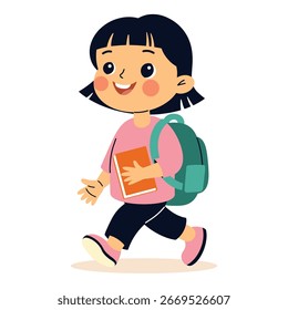 Chica ir a la escuela con mochilas. Volver a la escuela theme.Vector ilustración plana de dibujos animados