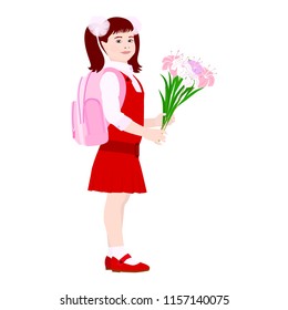 girl go to school with flowers. Vector, eps 10