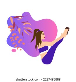 Girl go in for sports home, indoor. Active women, people doing stretching sport, fitness, exercises. Exercise fitness    lift legs,sport mat. Vector illustration