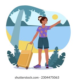 Chica vaya a viajar. Una mujer con maleta se alza junto a la palmera en el fondo del mar. Vacaciones y vacaciones en países tropicales y exóticos. Turista en la isla. Dibujo vectorial plano de dibujos animados