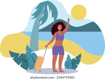 Chica vaya a viajar. Una mujer con maleta se alza junto a la palmera en el fondo del mar. vacaciones en países tropicales y exóticos. Turista en la isla... ilustración vectorial plana.