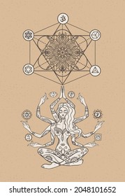 girl goddess with six arms and chakras in lotus pose among the stars, tarot cards, sacred, calm