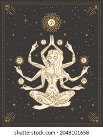 girl goddess with six arms and chakras in lotus pose among the stars, tarot cards, sacred, calm