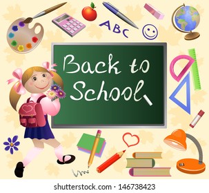 Girl goes back to school.  Colorful vector illustration with  little  girl - Back to school background. Set of school tools and chalkboard.