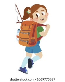 girl goes camping with a large backpack. child and outdoor recreation