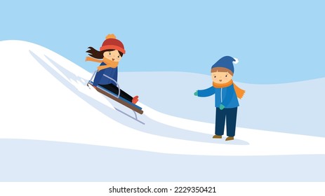 The girl goes down the hill on a sled. The boy is waiting for her downstairs