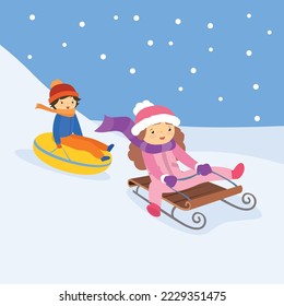 The girl goes down the hill on a sled. Behind her, the boy descends on an inflatable circle