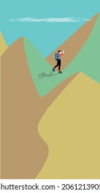 girl goes hiking, wears orange top, blue backpack, walking on the mountain, a higher mountain ahead, she is raising her right arm upwards. Show courage to face challenges, isolated vector.