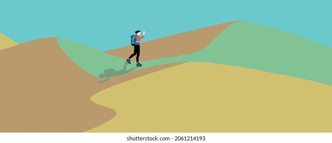girl goes hiking, wears orange top, blue backpack, walking on the mountain, a higher mountain ahead, she is raising her right arm upwards. Show courage to face challenges, isolated vector.