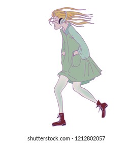 girl goes in a jacket against the wind, her hair is flying. cold fall. vector illustration