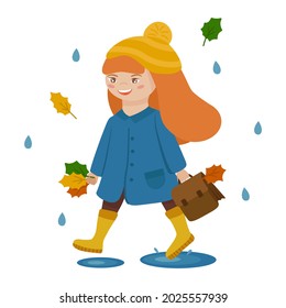 Girl goes to school, carrying a briefcase. It's autumn, it's raining and the leaves are falling. Vector clipart, isolated illustration, on a white background.
