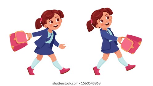 girl goes to school joyful and waving a briefcase