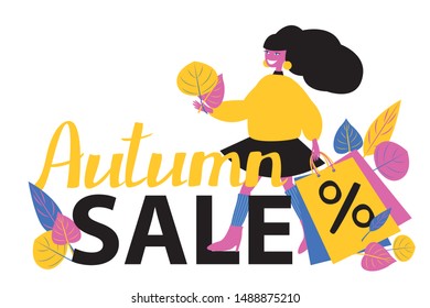 
The girl goes shopping. Banner Sale and discounts. Bright vector modern flat illustration isolated on white background.