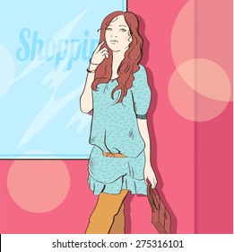 Girl goes shopping. Hand-drawn.