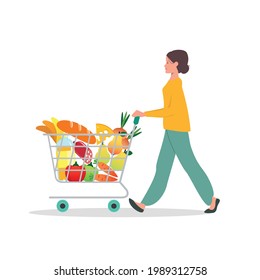 The girl goes shopping. Isolated vector illustration of the girl in yellow jumper pushing trolley. Grocery store concept.